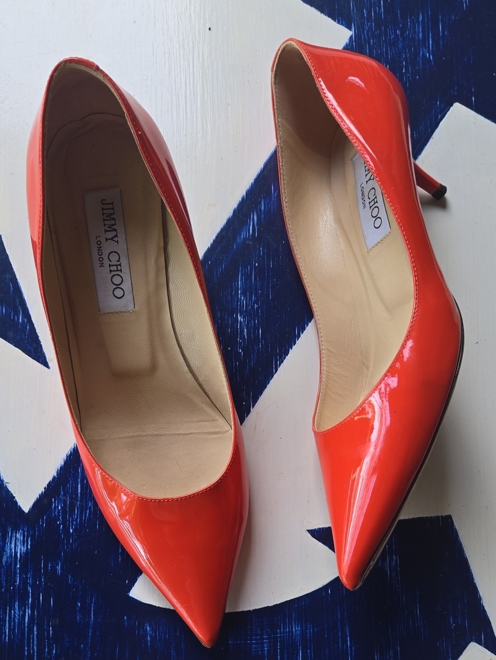 Jimmy Choo Bright Orange Patent Leather Kitten Heel Size 37.5 US 7.5